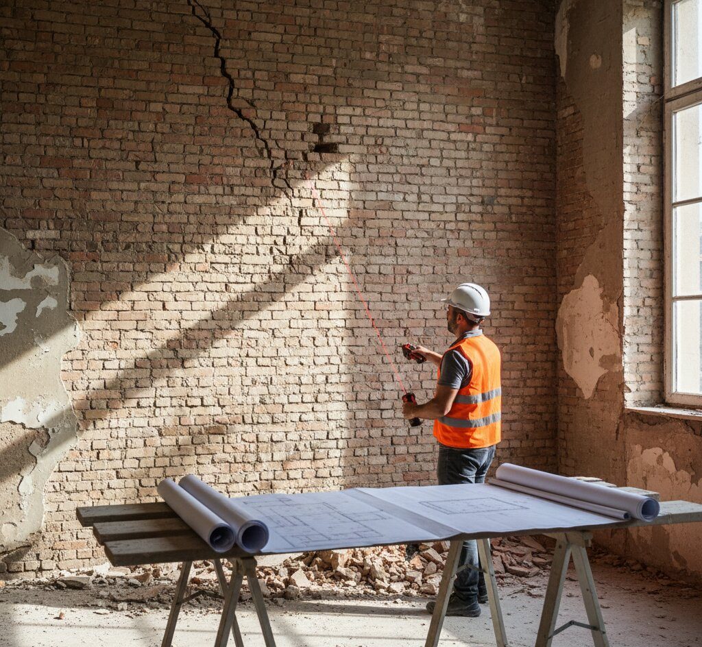 Interior de vivienda rehabilitada con estilo industrial, luz natural, paredes de ladrillo y mobiliario moderno